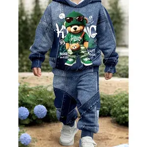 2pcs Boys' Loose Cartoon Bear Graphic Casual Minimalist Comfort Imitation Denim Long Sleeve Hoodie and Sweatpants Set, Polyester, Suitable for Spring/Autumn, Sports School Wear, As a Gift, Perfect for Outdoor
