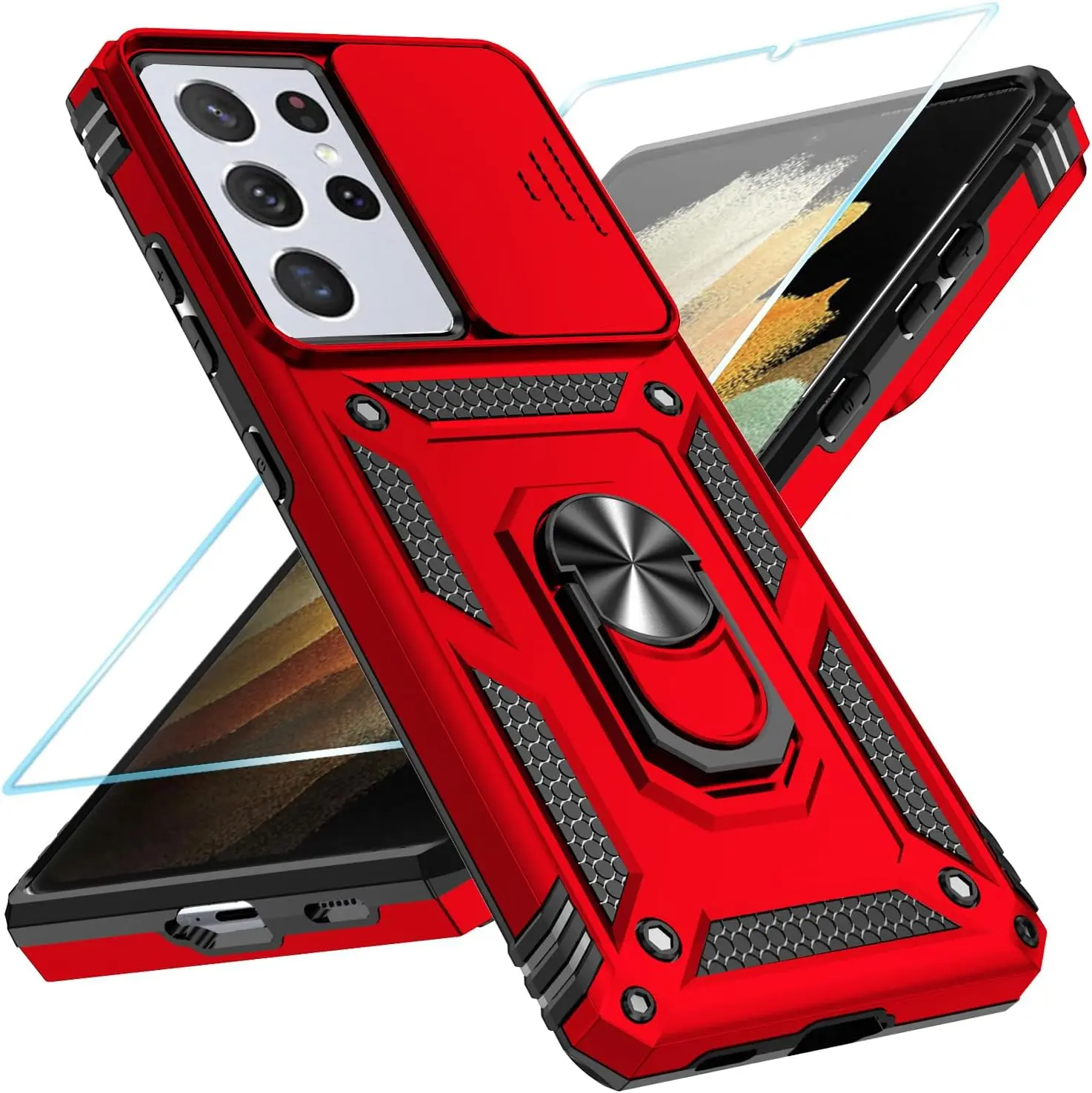 Sunstory Phone Case for Samsung Galaxy S21 Ultra 5G Case with HD Screen Protector & Slide Camera Cover & Rotated Ring Kickstand, [Military-Grade] [2 in 1] Phone Case for Galaxy S21 Ultra 6.8'', Red SunStory