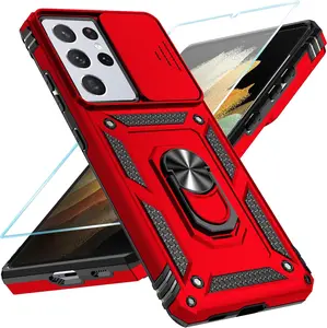 Sunstory Phone Case for Samsung Galaxy S21 Ultra 5G Case with HD Screen Protector & Slide Camera Cover & Rotated Ring Kickstand, [Military-Grade] [2 in 1] Phone Case for Galaxy S21 Ultra 6.8'', Red SunStory