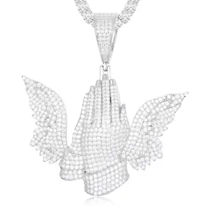 【#P241】New Synthetic Moissanite Wing Praying Hands Pendant Cross Necklace Fashion 925 Sterling Silver Accessories Hip Hop Jewelry Gifts