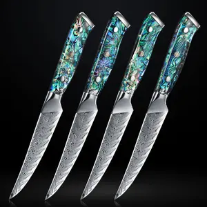"Umi" Japanese Damascus Steel Steak Knife Set with Real Abalone Shell Handle - Japanese VG10 Steel Blades with Real Deep-Sea Abalone Handles - Senken Knives