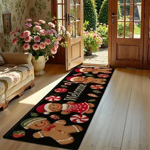 Luxurious Christmas Gingerbread runner carpet with premium velvet texture. Features high-definition printing, double-locked edges for lasting quality. Perfect for bedroom, kitchen, bathroom. Machine washable, anti-slip design. Home Decor Rugs