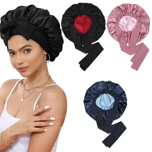 AWAYTR 3PCS Women's Satin Bonnets Silk Feeling Double Layer Hair Bonnet with Elastic Tie Band Hair Care Cap Nightcap for Sleeping Christmas Gifts