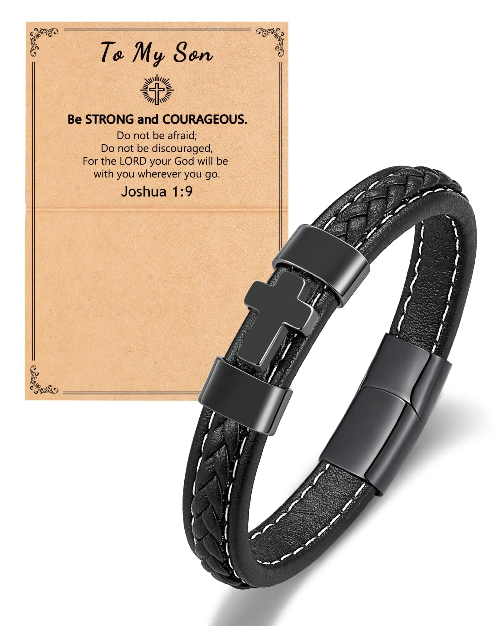 Men's Cross Leather Bracelet with Leather Strap - 8.5" Faith Wear Jewelry, Birthday Gift Ideas for Men, Girlfriend Birthday Gift for Boys, 8.5" Size