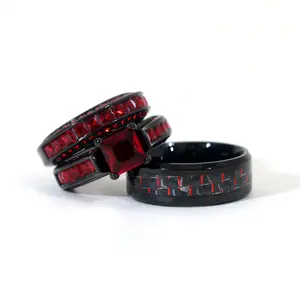 Lvrong 2 Rings His And Hers Couple Rings 1.5CT Red Cz Rings Womens Wedding Ring Sets Titanium Steel Mens Wedding Bands