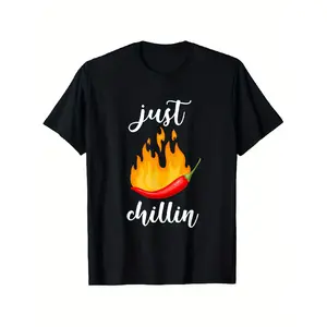Men'S Funny Just Chillin' Chili Pepper Graphic T-Shirt - Heavyweight 180gsm 100% Black Tee with Spicy Red Hot Sauce Design & "Just Chillin'" Text - Loose Fit Casual Shirt for Food Lovers, BBQ, Parties - S-XXXL Sizes, Machine Washable Novelty Apparel