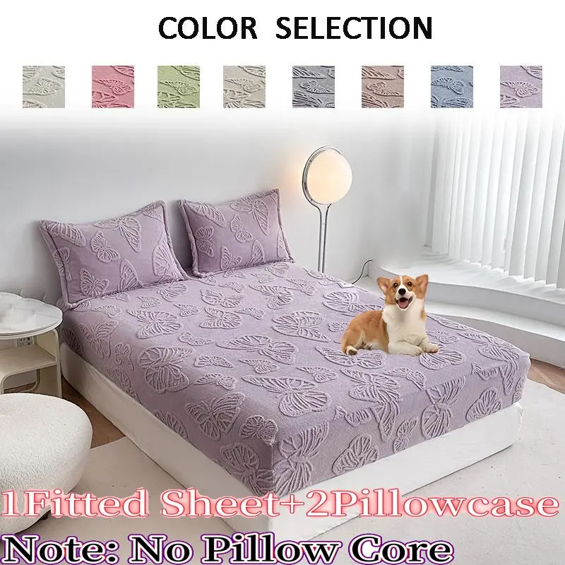 Fashion Butterfly Bed Sheet Set, Thick Velvet Fabric, Fall Winter Warm, Non-Slip, King Queen Size, Includes Fitted Sheet & Pillowcases, Bedding Supplies