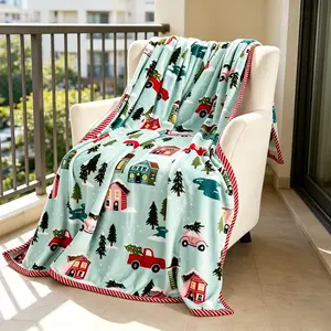 Kringle Express 60x80 Holiday Printed Flannel Throw with Border - Kids Blanket, Soft Cozy Lightweight Sofa Bed Cover for Bedroom, Christmas Bedding Accessory, Elastic Breathable