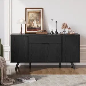 【Wavy Panel Design】ONBRILL 63" Sideboard Buffet Cabinet, Kitchen Buffet Storage Cabinet, Mid Century Modern Storage Cabinet with 4 Doors & Shelves, Wood Coffee Bar Console Wine Bar for Living Room, Kitchen,Hallway