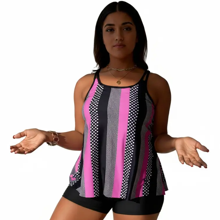 Women's Plus Size Geometric Stripe Tankini Set, High Waist Shorts 2-Piece Stylish Swimwear, Modest Coverage Pink & Black Tankini Beachwear, Curvy Girl Favorite Plus Size Bathing Suits, Swimwear Bathing Suits, Swimsuits, Two Piece Sets