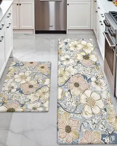 LUMIRUGS Kitchen Mats for Floor 2 Piece Set, 17x29+17x59, Cushioned Standing Mat Anti Fatigue, Waterproof Comfort Floral Padded for Laundry Room Office, Blue and Yellow