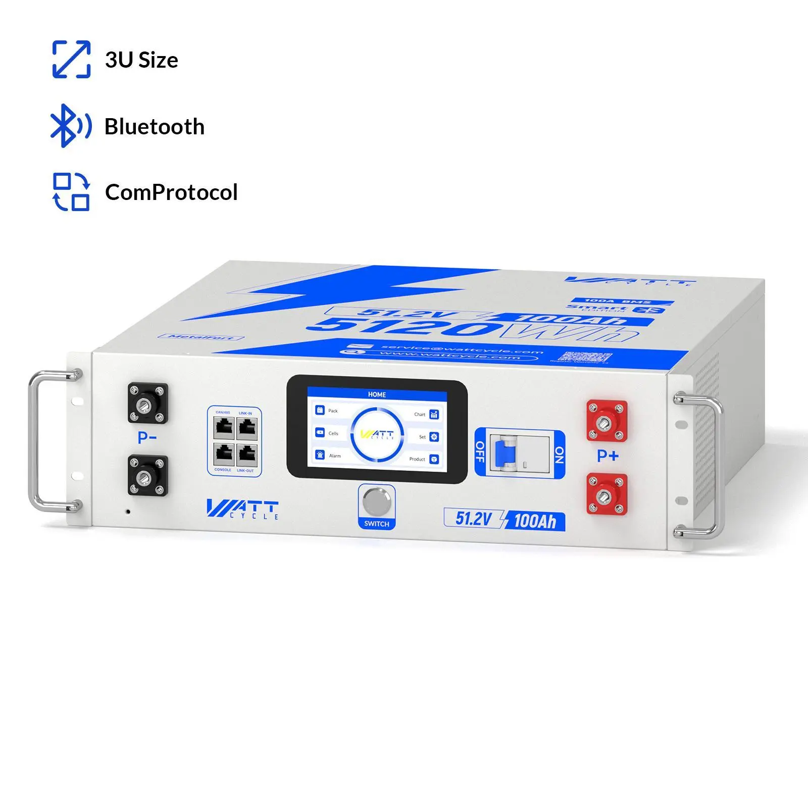 【Multi pack】WattCycle Flagship 48V 100Ah LiFePO4 Server Rack Battery Gen2 Active Balancing LCD Bluetooth Smart Comms 3U Size 100X Balance Speed BYD Grade A Cells Powerful Monitoring, Long, Lasting, Rechargeable