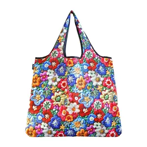 212 MAIN J4439 Jumbo Reusable Tote Bag, Eco-Friendly Stylish Foldable Shopping Tote with Attached Elastic, Large Versatile Embroidered Floral Design Functional Bag
