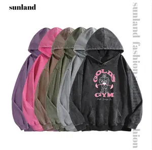 Sunland Women's GYM Print Acid Wash Hoodie Essential For Fitness Enthusiasts Vintage 2025 Sweatshirt Oversized Loose Fit Winter Warm Streetwear Casual Tunic tshirt