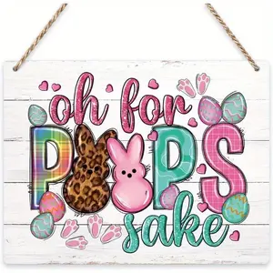 Easter Decorations Bunny Egg Wall Art, Leopard Print Wooden Holiday Decor Door Porch Bedroom Living Room Office Decoration, Oh for Peeps Sake 7.87x5.3 Inch