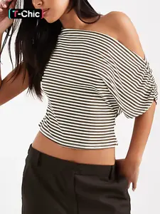1pc Women's Striped Asymmetrical Off-Shoulder Crop Top Womenswear, Soft Jersey Fabric & Asymmetrical Neckline & Cropped Hem, Great for Casual Outings/Evening Meetups/Street Fashion Looks/Party Outfits, Shirts