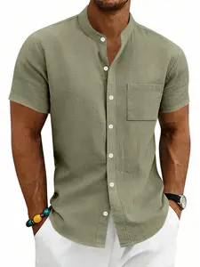 American Summer Linen Casual Men's Hawaiian Shirt, Simple Retro Stand Collar Short Sleeve, Comfortable and Stylish Summer Wear