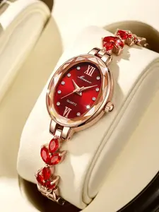 Vintage Elegance Women's Watch, Fortune Dial Luxury Ladies Wristwatch, Oval Diamond Encrusted Dial, Diamond Leaf Bracelet Quartz Watch