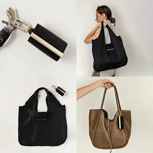 Keychain Tote Bag,Foldable Environmentally Friendly Shopping Bags, Expandable Leather Mini Bags with Key Ring, Portable Handbag for Daily Errands Gift