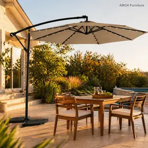 10ft Solar LED Offset Hanging Umbrella with Solar Outdoor Lights, Steel Frame, Dual Handles, Khaki Outdoor Patio Market Umbrella for Backyard Decor (Base Not Included), Solar Outdoor Light, Yard Lighting