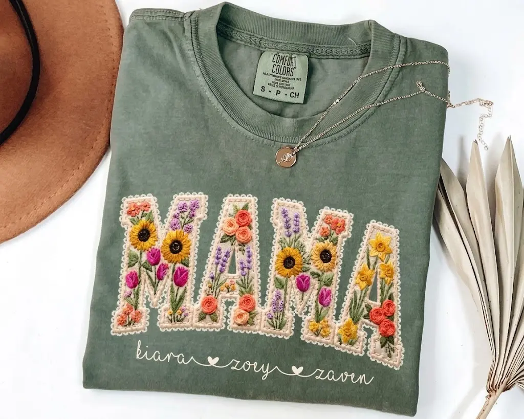 Comfort Colors Personalized Mama Shirt With Kids Names Faux Embroidery Effect Mama Gift For Mothers Day Custom Mom Gift,Not Real Embroidery