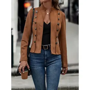 Women's European and American suede jacket, slimming decorative double-breasted jacket Outerwear Dark Brown kam pink jacket