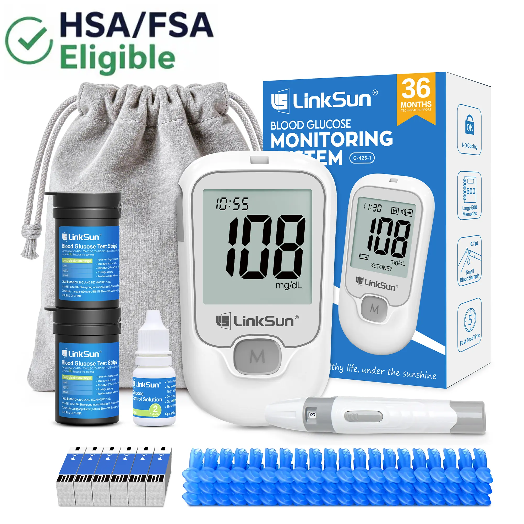 LINKSUN G-425-1 Blood Glucose Monitor Complete Kit, ISO Certified No Coding Glucometer with 100/50 Test Strips, 100/50 Lancets,1 Lancing Device,Control Solution CTL,Detailed Manual,Time-Stamped Results for Daily Home & Travel Use sohochic HSA/FSA Eligible