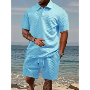 Men’s solid textured short-sleeve polo shirt and drawstring waist shorts set, regular fit casual fashion, cozy and breathable two-piece outfits for daily outdoor wear—men’s summer clothing