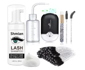 Lash Shampoo for Lash Extensions, Lash Fan with 50ml Eyelash Foam Cleanser and 50 Pcs Eyelash Brush and Rinse Bottle Oil Free/Sulfate Free Eyelash Wash Remover For Eyelash Extension Wash, Black
