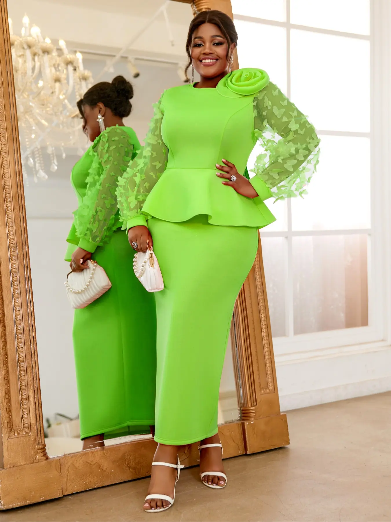 AOMEI Women's Elegant Chic Butterfly Mesh Bishop Long Sleeve Round Neck High  Waist Peplum Bodycon Formal Evening Cocktail Maxi Dress with Flower -  TikTok Shop