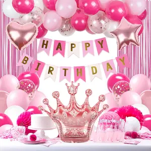 Hot Pink Birthday Party Set Balloons, Banner & Fringe Curtains for Milestone Celebrations