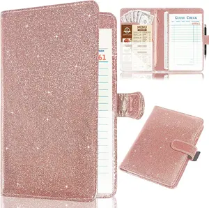 Glitter Server Book for Waitress Leather Waiter Organizer with Zipper Pocket Bling Money Wallet and Pen Holder Restaurant Waitstaff