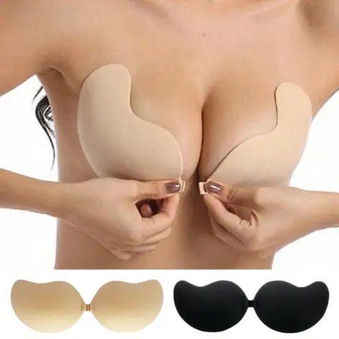 Women's 2-Pair Underwire Push Up Silicone Sticky Sports Bras - Invisible, Strapless, Backless, Seamless, Comfortable, Breathable Mesh V-Neck Lingerie for Party, Formal, Casual Wear, Basic Style