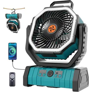 20000mAh Outdoor Camping Fan  Operated,Portable Rechargeable   Fan with LED Light,360?Oscillating & 8H Timer USB Rechargeable Personal Cordless Travel Fans with Hook F6 Cyan