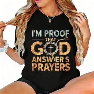 Christian T-Shirt I'm Proof That God Answers Prayers With Golden Crown Cross Lettering Ideal For Church Easter Christmas Made In USA For Women For Men [SaffronSequin cotton t-shirt/sweatshirt/hoodie, soft and comfortable]