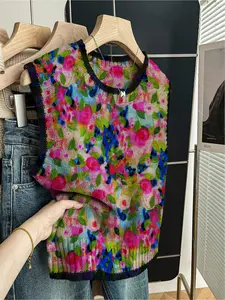 1 piece + Spring/Summer Back-to-School Casual Style Loose Round-neck Sleeveless Knitted Blouse Fitted in Dark Blue with Colorful Edging and Patchwork Print for Women, suitable for wearing as an outer garment, paired with a jacket, or worn alone. Tops