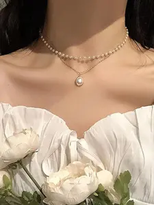 [Layered Necklaces, Dangling Pearl Necklace] Pearl Necklace Women's Imitation Necklace Set - Bohemian Double Strand Choker & Layered Necklace, White Faux for Daily Wear, Valentine's Gift, Wedding/Party Jewelry, Layered Necklace Combo