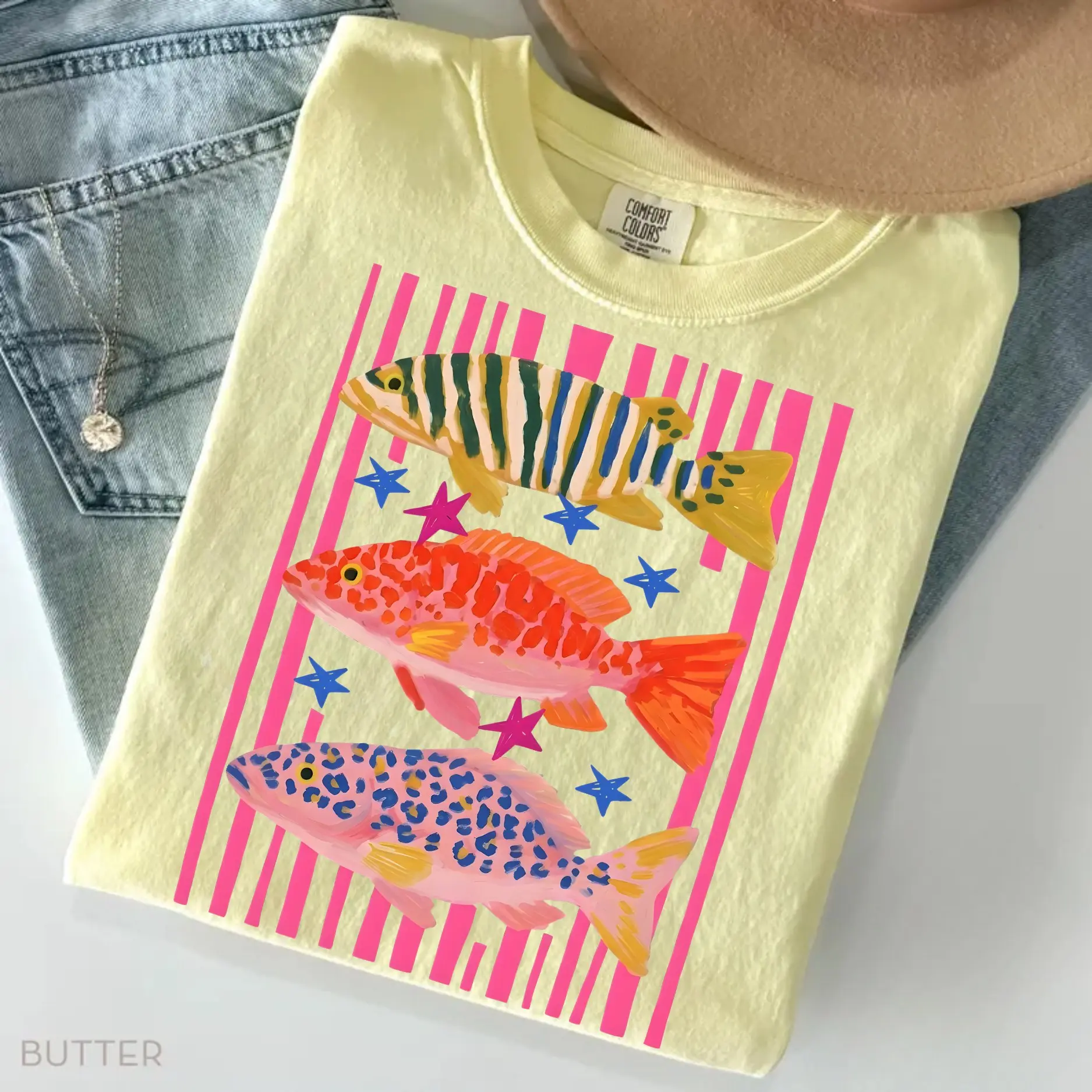 Comfort Colors Preppy Fish T-Shirt, Female Fishing Shirt, Colorful Maximalist Sublimation, Summer Vacation Tee, Funny Beach T-Shirt, Girls Fish Too