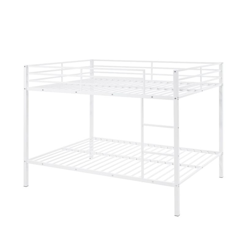 Full Over Full Bunk Bed, Heavy Duty Metal Bunk Bed Frame with Built-in Ladder and Safety Guard Rail, Low Metal Bunk Bed Frame for Kids, No Boxspring Required, For Small Spaces, White