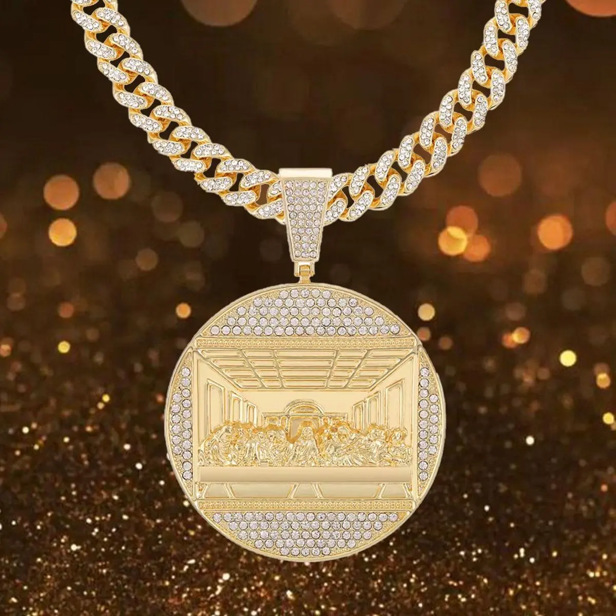 Last Supper Charm Pendant Cuban Links Necklaces - Golden Tone Chain, Sparkling Men's Hip Hop Fashion Costume Jewelry, Ideal Male Gift Accessory