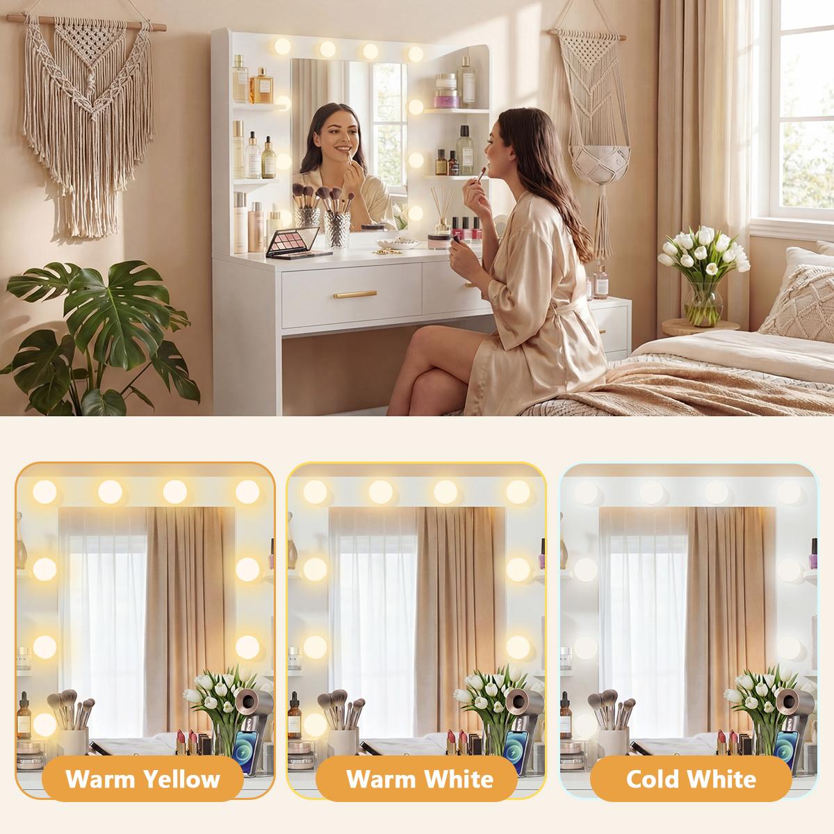 FURMAX Makeup Vanity Desk with Mirror and Lights, Vanity Table with Charging Station & Hair Dryer Holder, Dresser with 5 Drawers & Storage Shelves for Bedroom FURMAX Makeup Vanity Desk with Mirror and Lights, Vanity Table with Charging Station & Hair Dryer Holder, Dresser with 5 Drawers & Storage Shelves for Bedroom