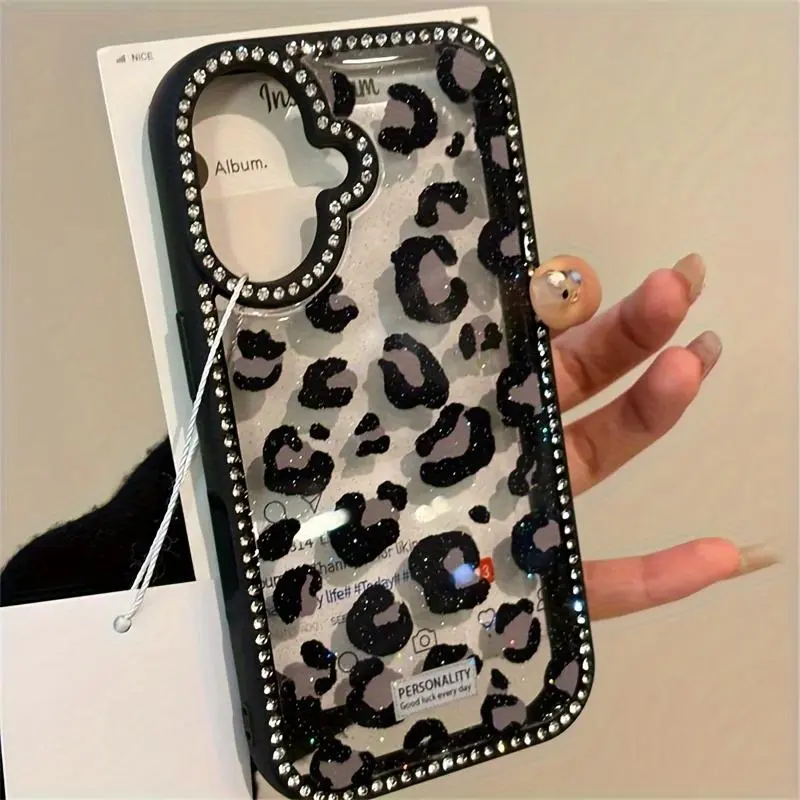Luxury Black Leopard Print Glitter Rhinestone Clear Phone Case for iPhone 17 16 15 14 13 12 11 XR XS Pro Max Plus Air Sparkling Border Slim Shockproof Anti Drop Soft TPU Protective Cover Fashion Gift for Womene Case, Case