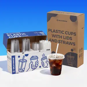 12–24oz Plastic Disposable Cups with Lids & Straws