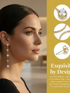 Women's Pendant Earrings, 14k Gold Plated Four Diamond Linear Dangle Earrings, Hypoallergenic Sparkling Jewelry for Daily Wear