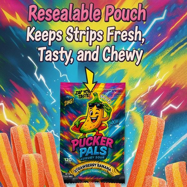 Pucker Pals Strawberry Banana Sour Candy – Extreme Sour Strips, Chewy Gummy Candy & Sour Gummies, Gummy Worms Style Bold Fun Treats for Kids, Boys, Girls, Teens & Adults, Halloween & Stocking Stuffers