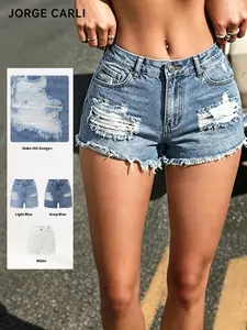 JORGE CARLI Women's Summer New High-Waisted Stretch Slim Fit Skinny Ripped Hem Denim Shorts, Trendy Fashion for Ladies
