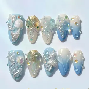 Handmade 3D Mermaid Press on Nails Medium Almond, Y2K Ocean Theme Fake Nails, Luxury Summer Shimmer Mermaidcore French Tip with 3D Starfish Shell Design