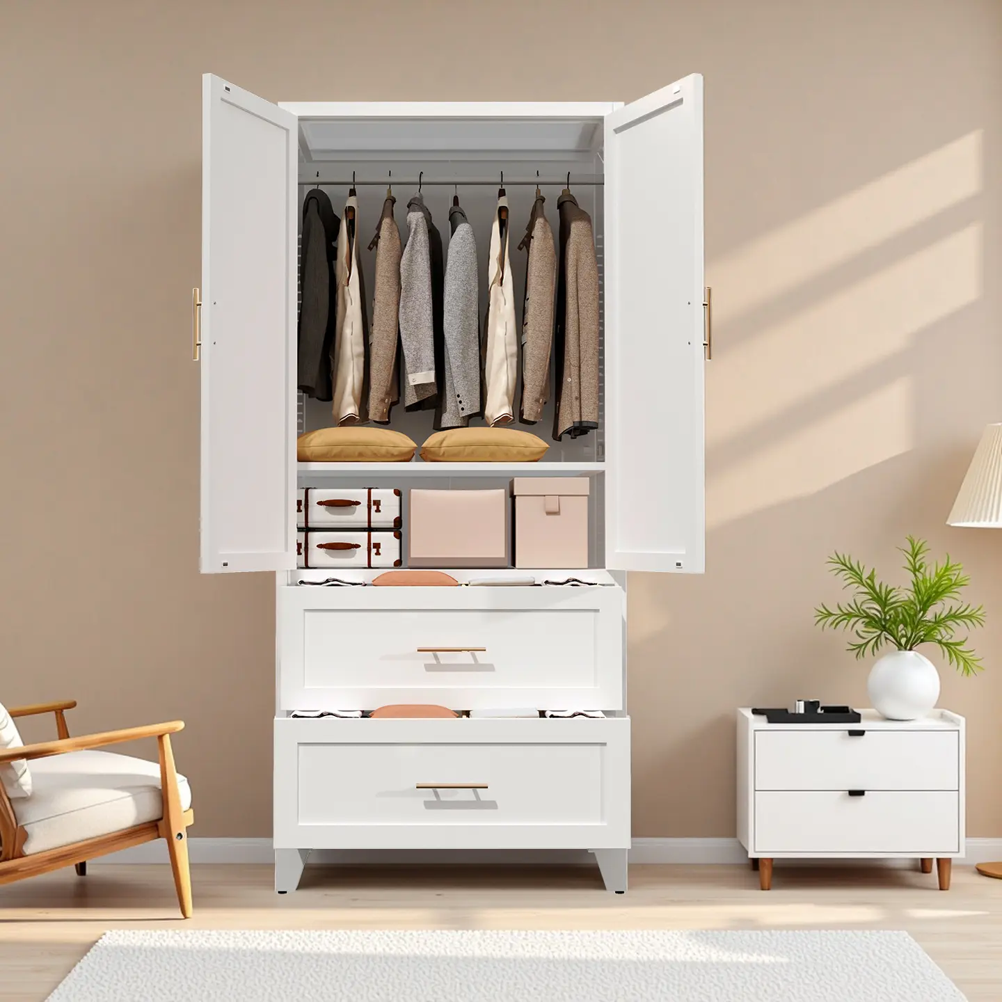 71-Inch Tall White Metal Wardrobe Cabinet with 2 Doors, 2 Drawers, Hanging Rod and Interior Shelf, Freestanding Bedroom Clothes Storage Armoire