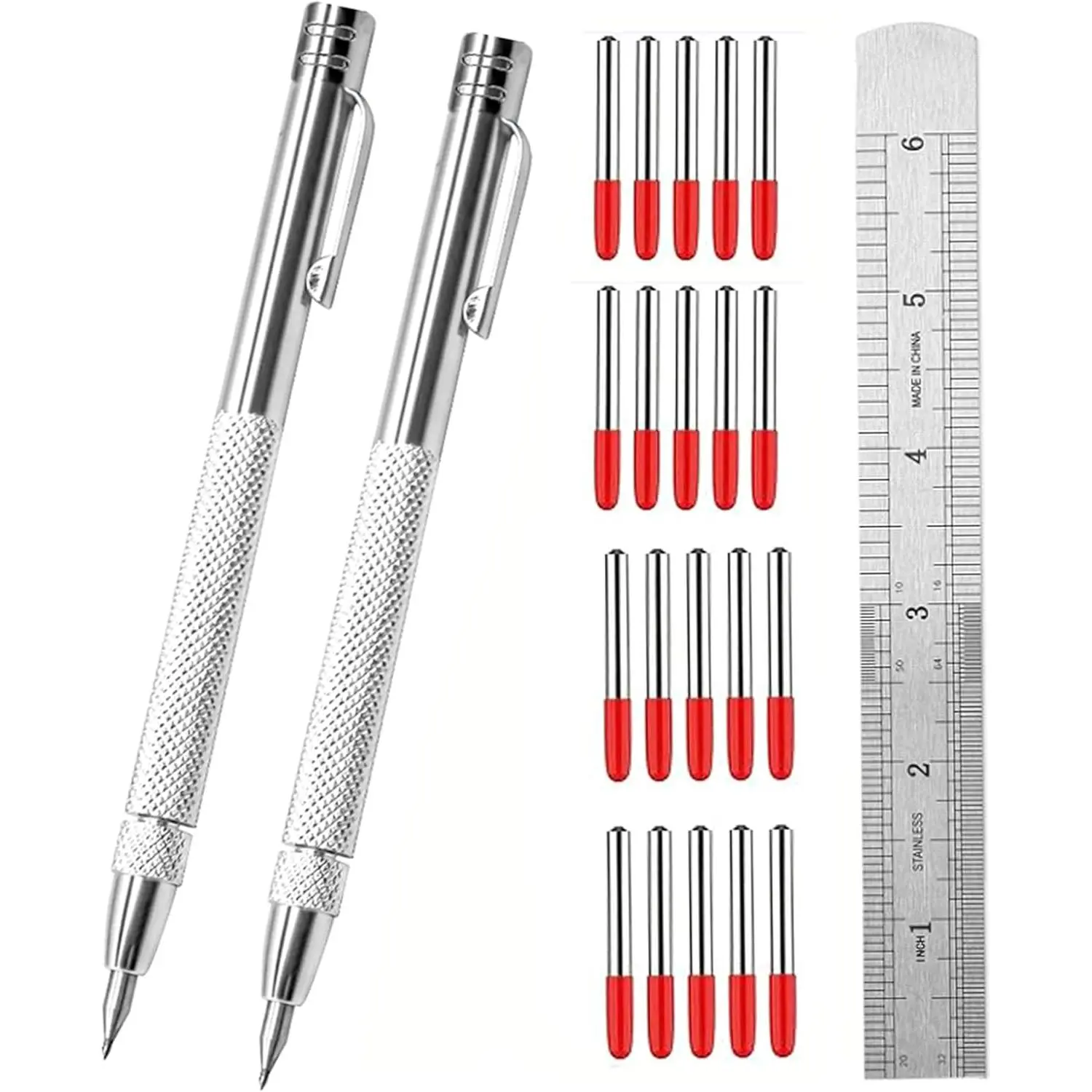 2 Tungsten Carbide Scriber Set with Magnet, 20 Replacement Marking Tips, Steel Ruler - Home Improvement Hand Tool for Metal, Glass, Plastic, Ceramics, 2 Tungsten Carbide Scribers