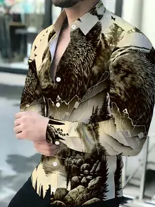 Men's Printed Long Sleeve Shirt, Jungle Animal Pattern Casual Shirt, Fashion Trendy Men's Top